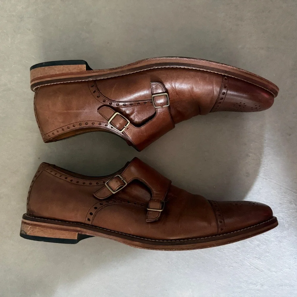 Johnston & Murphy Mens Tan Leather Double Monk Strap Brogue Shoes 11.5M